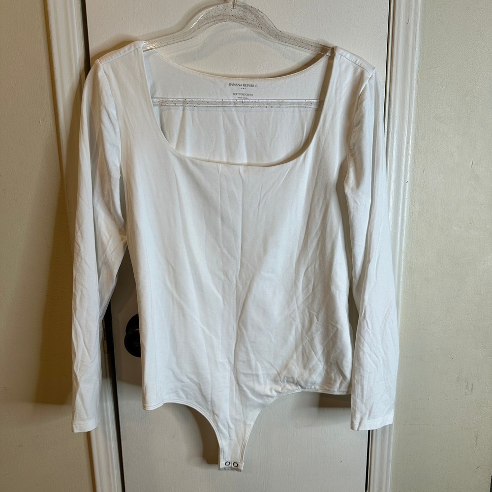 Banana Republic Soft Stretch Tee Bodysuit White Square Neck Long Sleeve Large